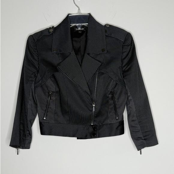 Bebe Women's Jacket Sz 6 Moto Cropped Pinstripe Bikercore Grunge Goth - Picture 1 of 16